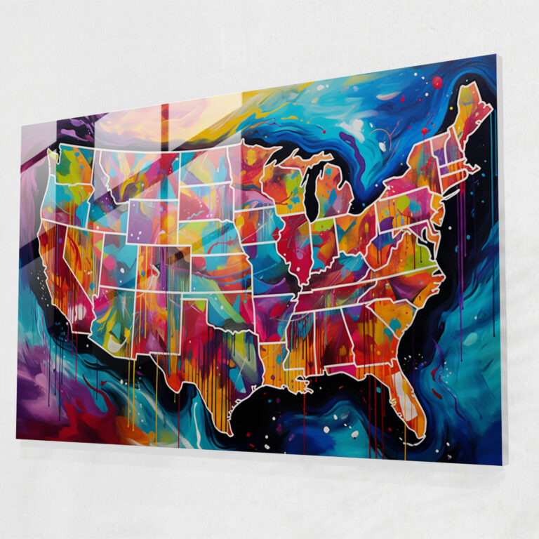 Glasbild der USA-Karte - Vereinigte Staaten von Amerika Karte Hell und kräftige Farben Wanddekoration