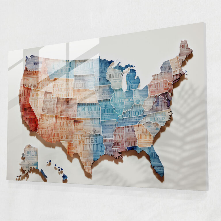 Glasbild mit USA-Typografie - Amerikakarte Glas-Kunst Wohnkultur zeitgemäßes Typografie-Design