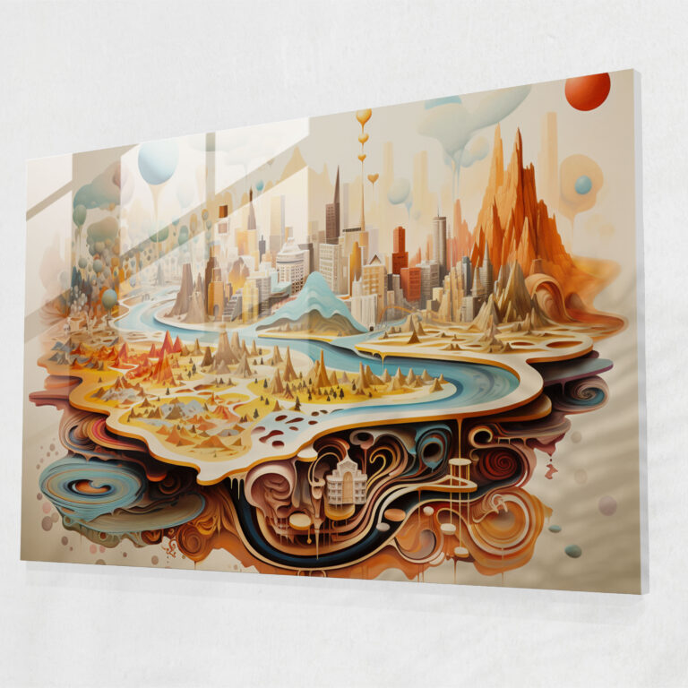 Surreales Vereinigte Staaten Karten-Glasbild - Karte der Vereinigten Staaten von Amerika surreale Kunst Dekoration für Zuhause imaginative Elemente