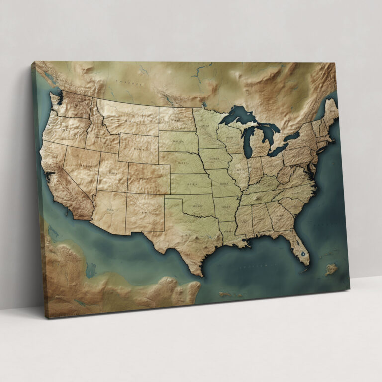 Hochwertiges Leinwandbild der Vereinigten Staaten von Amerika - USA Karte Geografische Merkmale Wanddekoration Wandkunst