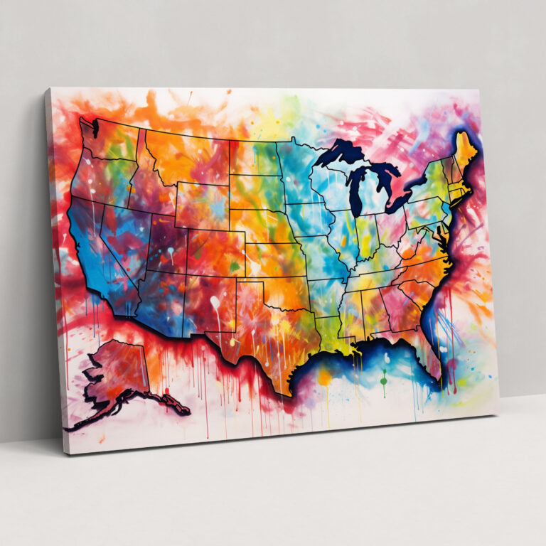 Impressionistische Landkarte der Vereinigten Staaten von Amerika als Wandkunst - Vereinigte Staaten von Amerika Landkarte Wandkunst impressionistisches Gemälde Leinwand