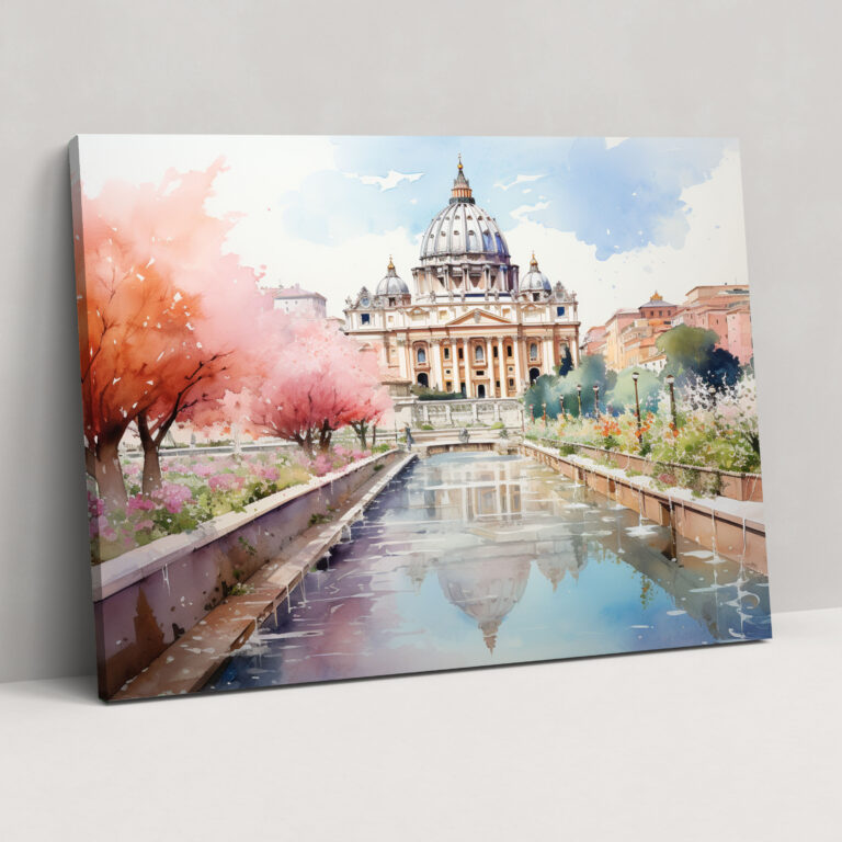 Vatikanische Gärten Leinwandbild - Vatikan Aquarell-Illustration Leinwand Wandkunst Blumen