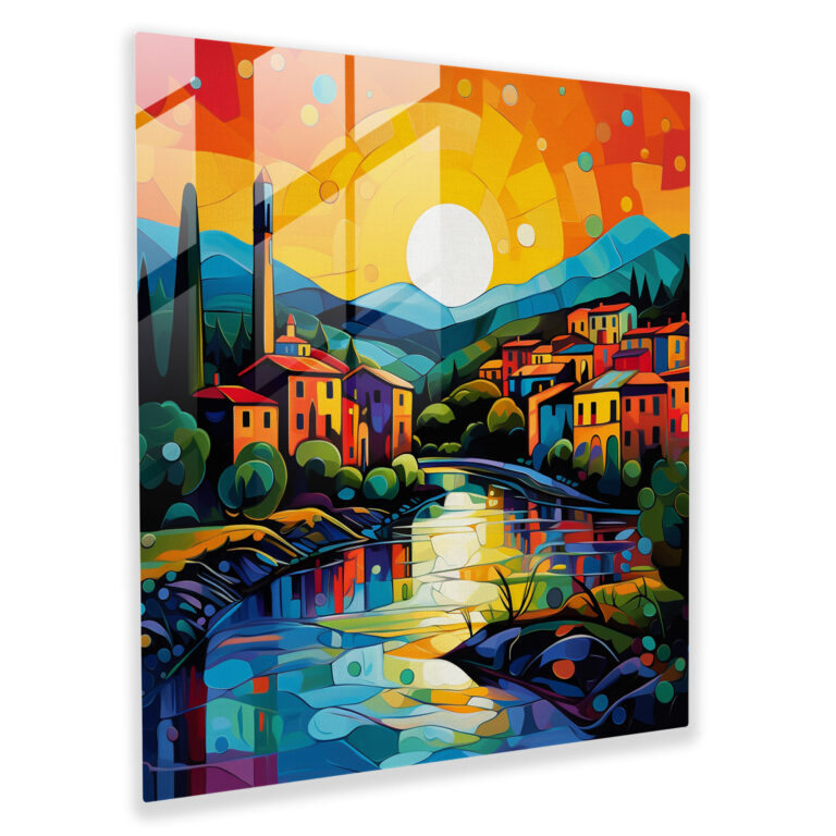 Glasbild Retro Dorf - Dorf Wohn-Dekoration kräftige Farben Retro-Ästhetik