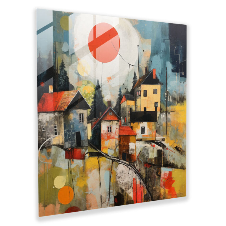 Lebhaftes Mixed-Media-Dorf Glasbild - Dorf Moderne Kunst Glaswandkunst