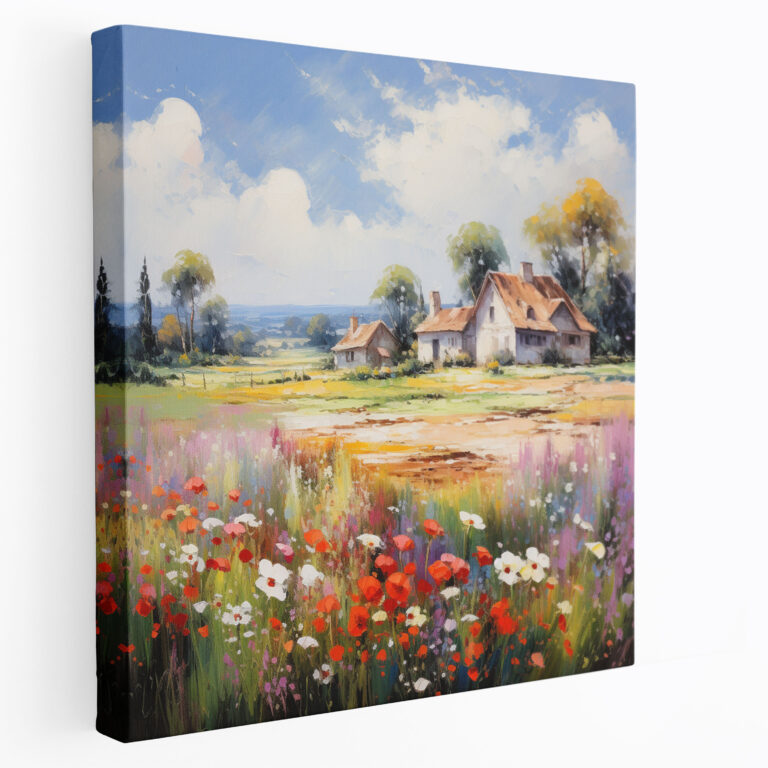 Blühendes Felder Dorf Impressionistisches Leinwandbild - Dorf Leinwandbild Wandkunst Leinwand Wandkunst