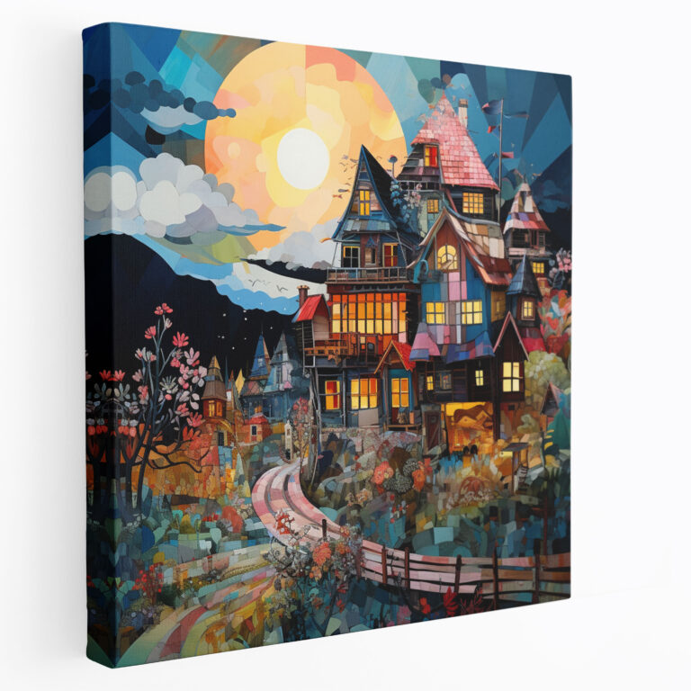 Leinwandbild Dorfidylle im Mixed-Media-Stil – Dorf zeitgenössische Mixed-Media-Kunst Leinwanddruck Wandkunst