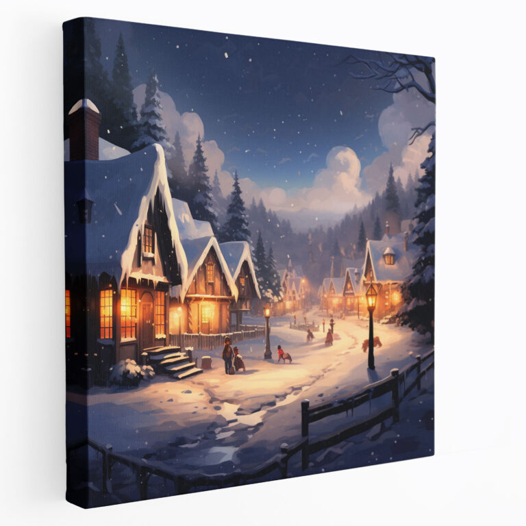 Digitale Illustration eines verschneiten Winterdorfes als Leinwandbild - Dorf Leinwandbild Wanddekoration Schnee