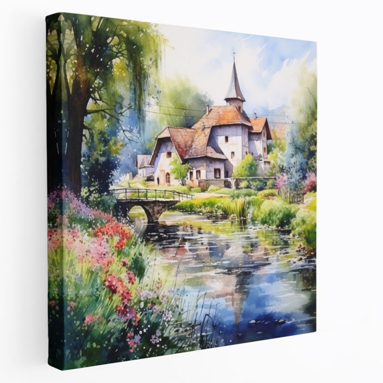 Idyllisches Flussdorf - Leinwandbild - Dorf Wohnkultur Sanfte Pinselstriche Wandkunst