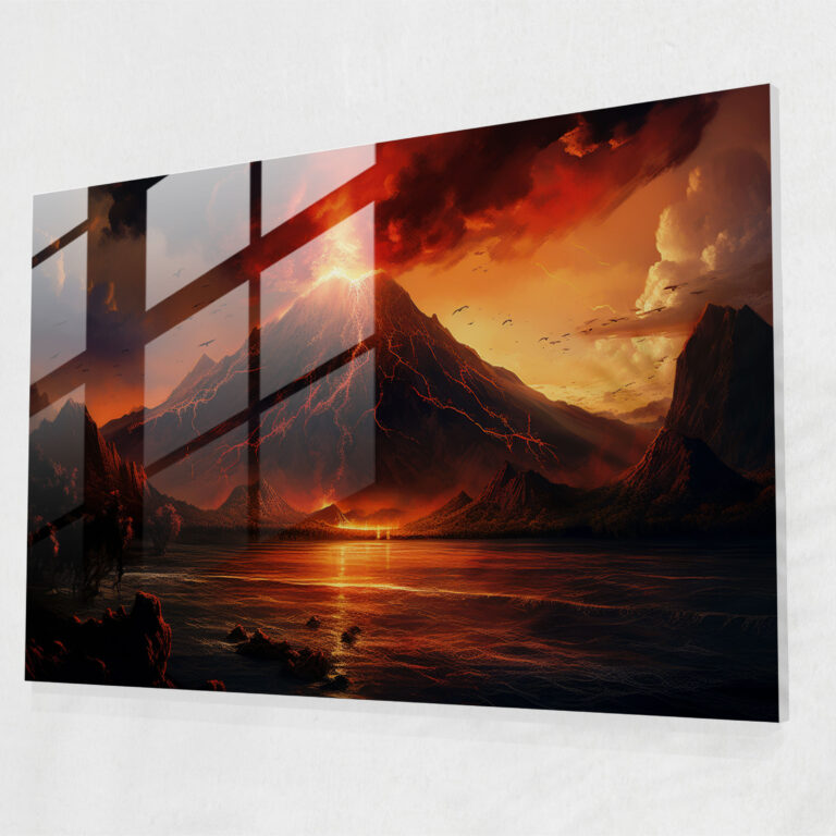 Majestätisches Glasbild Vulkan - atemberaubender Sonnenuntergang über Silhouettenbergen Dekoration für Zuhause