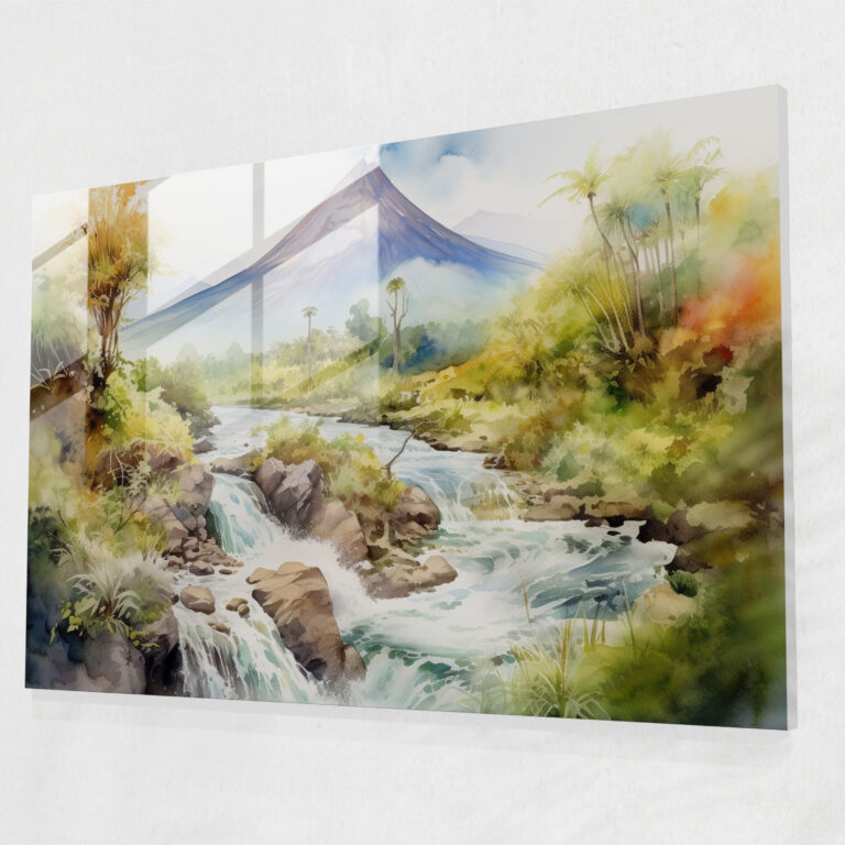 Beruhigendes Vulkan Glasbild - Vulkan Wanddekoration Glasbild üppiges Grün