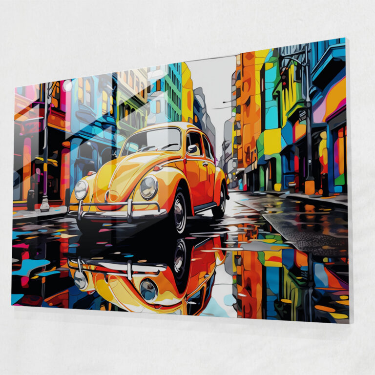Glasbild Volkswagen Käfer im Pop-Art-Stil - Volkswagen Käfer Pop-Art Wohn-Deko Glas-Kunst.