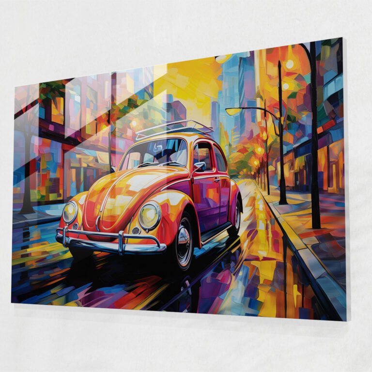 Volkswagen Käfer Glasbild - Moderne Kunst Sonnenuntergang Glaswandkunst