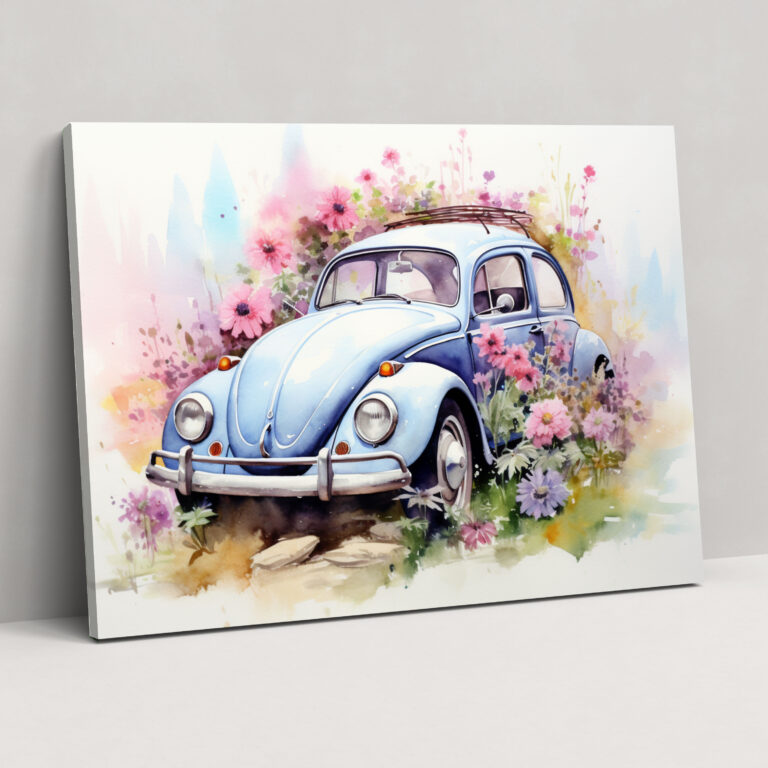 Volkswagen Beetle Leinwandbild - Aquarell Gemälde Wandkunst - Volkswagen Beetle Aquarell Gemälde Wohn Dekoration