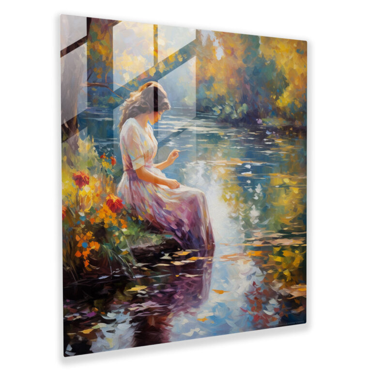 Impressionistisches Glasbild - Frau am Teich - Gelassene Frau Impressionistische Kunst Wohnkultur