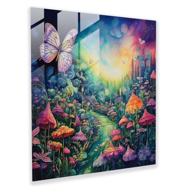 Glasbild Cannabis Garden Dreams - Weed Aquarellmalerei Schmetterlinge