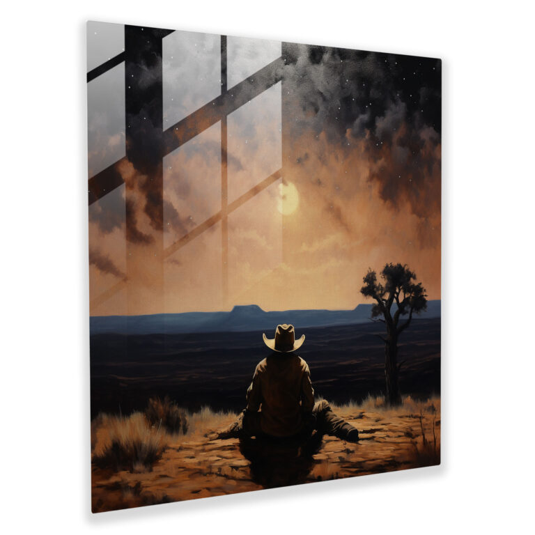 Glasbild Romantik pur - Einsamer Cowboy unter dem Sternenhimmel