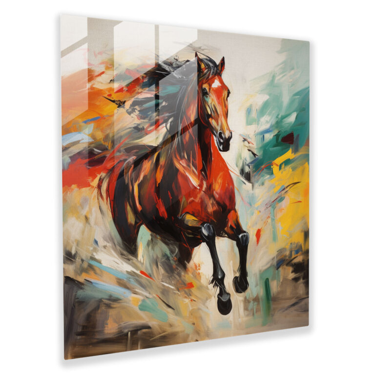 Energischer Expressionist Glasdruck - Galoppierendes Pferd in Feuriger Landschaft