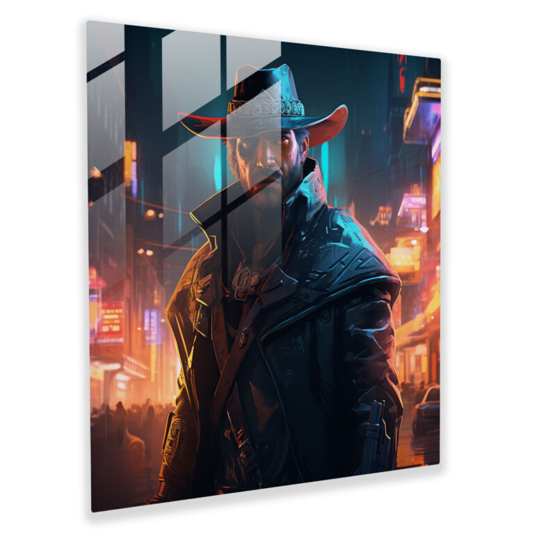 Cyberpunk Glasbild - Futuristischer Cowboy in Neon-Stadtszene