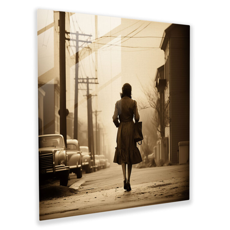 Glasbild: Ätherisches Impressionisten-Glasbild - Vintage-Sepia-Fotografie einer Frau die mit Wärme und Nostalgie eine Straße entlang geht - Glaswandkunst für die Wohnkultur und Wanddekoration