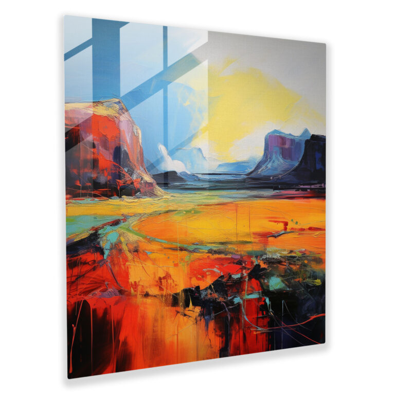 Faszinierendes expressionistisches Glasbild: Verzauberndes abstraktes Gemälde mit lebendigen Farben und kraftvollen Pinselstrichen - Darstellung einer malerischen westlichen Landschaft - Glaswandkunst für die Wohnraumgestaltung und Wanddekoration