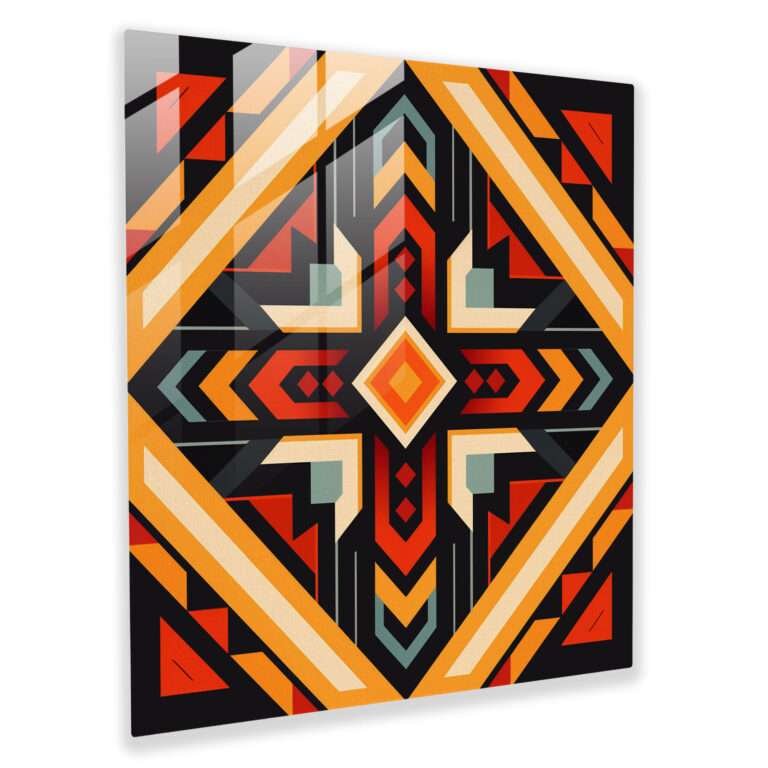 Dynamisches Kubistisches Glasbild: Zeitgenössisches geometrisches Design mit klaren Winkeln und kontrastreichen Farben - Inspiriert von der Kultur der amerikanischen Ureinwohner - Glaswandkunst für die Dekoration zu Hause und an der Wand.