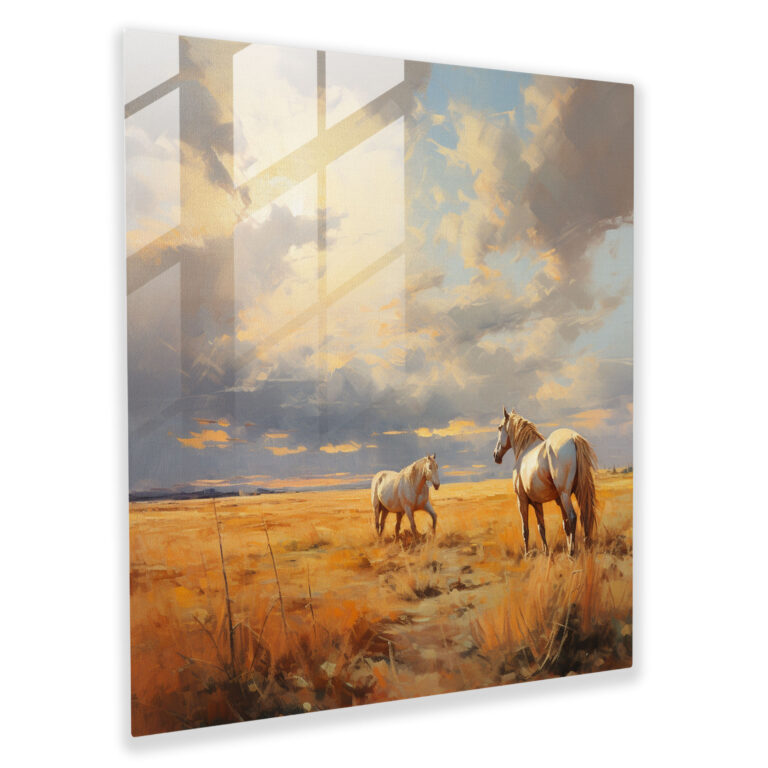 Sanfter Impressionist Glasdruck: Impressionistische Landschaft mit weichen Pinselstrichen und dezenten Farbtönen - Pferde grasen auf weiten Prärien - Glasbild für die Heimdekoration und Wandgestaltung.