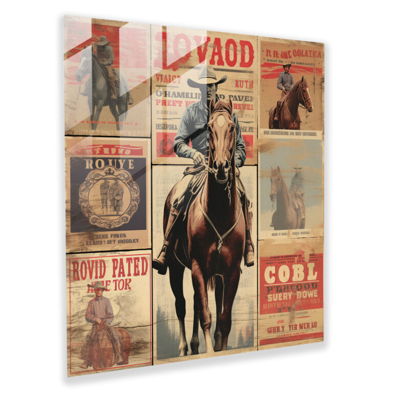 Vintage Western Glasbild: Collage aus alten Rodeo-Plakaten mit verwitterten Texturen und verblichenen Farben - Die Wildwest-Tradition feiern - Glaswandkunst für die Wohnungsdekoration und Wandgestaltung