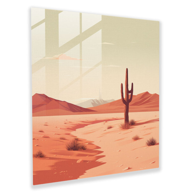 Minimalistisches Glasbild: Wüstenlandschaft mit klaren Linien und gedämpften Tönen - Einsamer Kaktus in weiter Landschaft - Glaswandkunst für die Wohnungsdekoration und Wandgestaltung