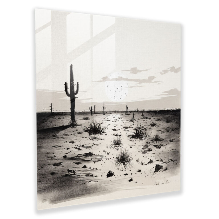 Exquisites Glasbild eines impressionistischen Sumi-e Tintenzeichnungsdrucks das einen einsamen Kaktus in weiter Prärie darstellt - Wanddekoration Glas-Kunstwerk