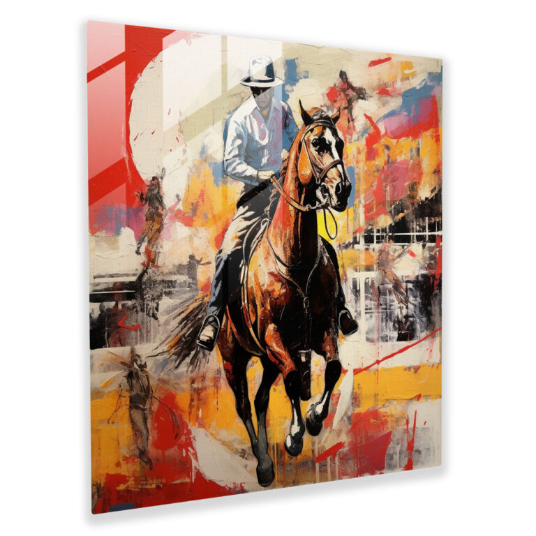 Faszinierendes Glasbild einer zeitgenössischen Mixed-Media-Collage die eine lebendige Rodeo-Szene zeigt - Wanddekoration Glas-Kunstwerk