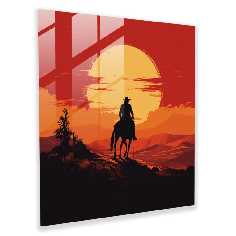 Faszinierendes Glasbild einer minimalistischen grafischen Illustration mit einem Cowboy der auf einem Pferd in einen goldenen Sonnenuntergang reitet - Wanddekoration Glas Kunst