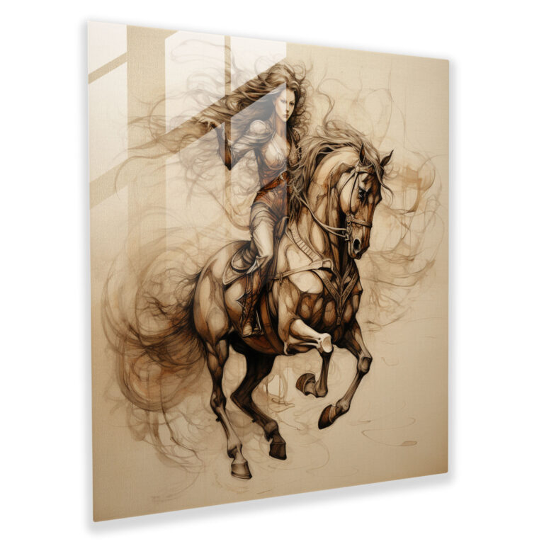 Detailliertes Glasbild eines von Da Vinci inspirierten Skizze mit einer aufwendigen Pferd- und Reiter-Illustration als Wanddekoration Glas-Kunstwerk