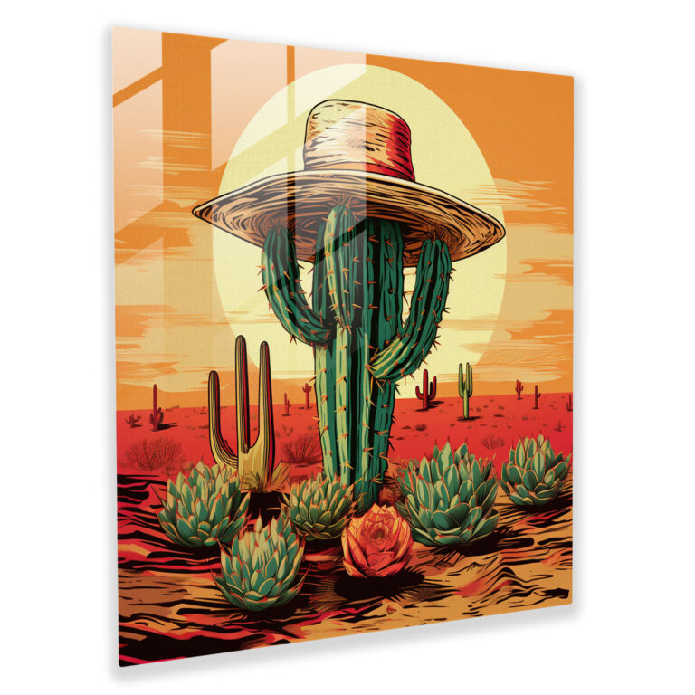 Faszinierendes Glasbild im Retro-Pop-Art-Stil mit einem bunten Cowboyhut und Kaktus im Hintergrund - Wanddekoration Glas-Kunstwerk