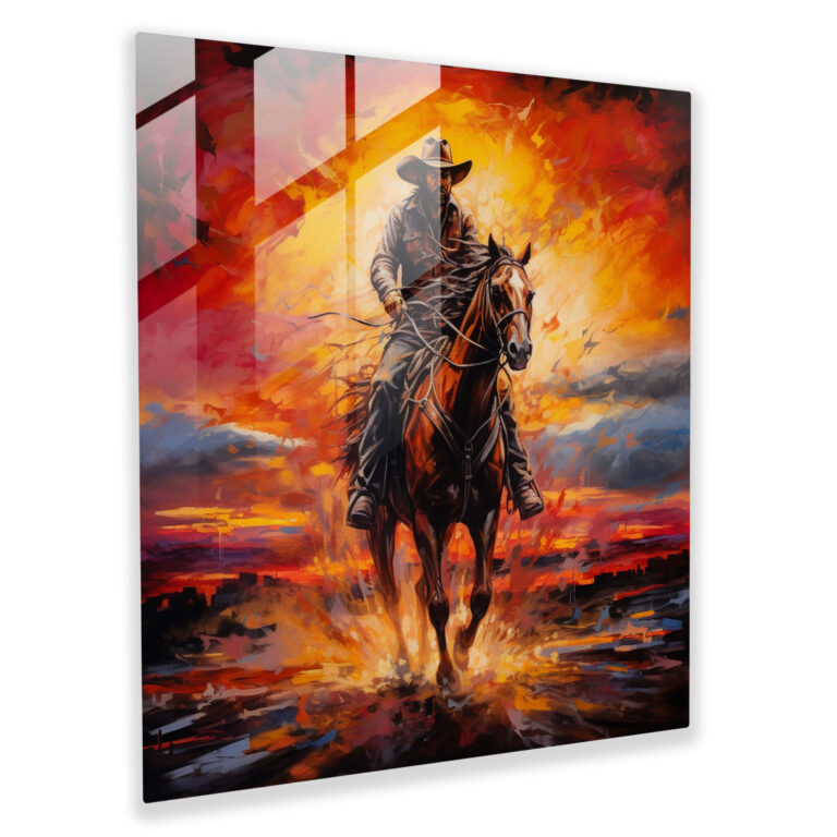 Moderne bunte Glasbild eines Cowboys der in einen feurigen Sonnenuntergang reitet - Wohnkultur