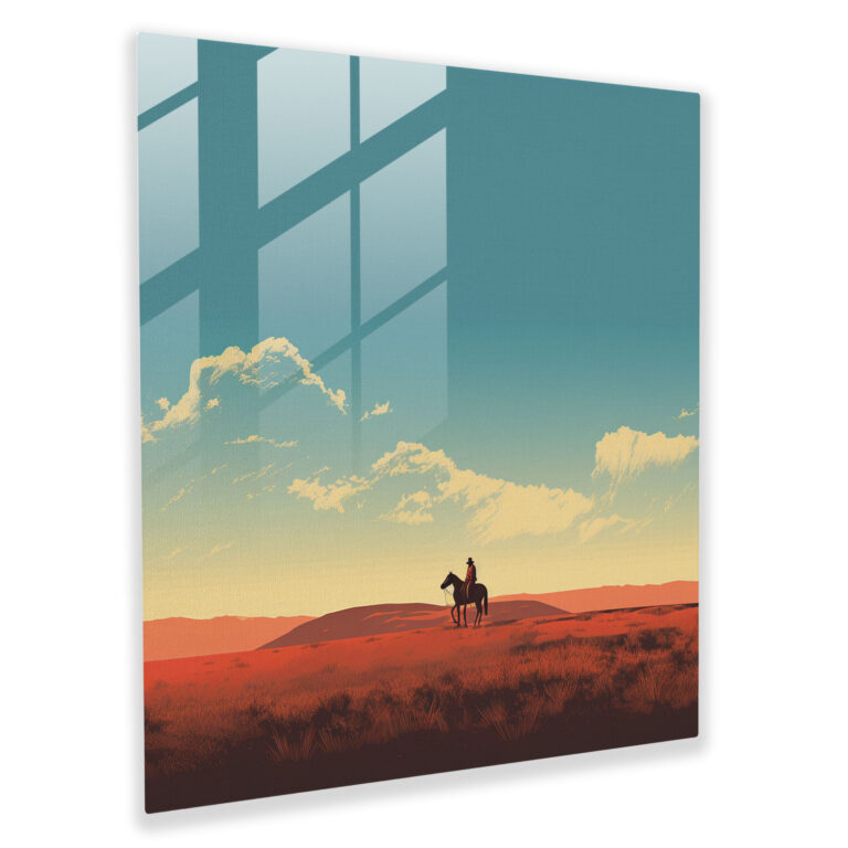 Einsamer Cowboy zu Pferd - Glasbild im minimalistischen Stil