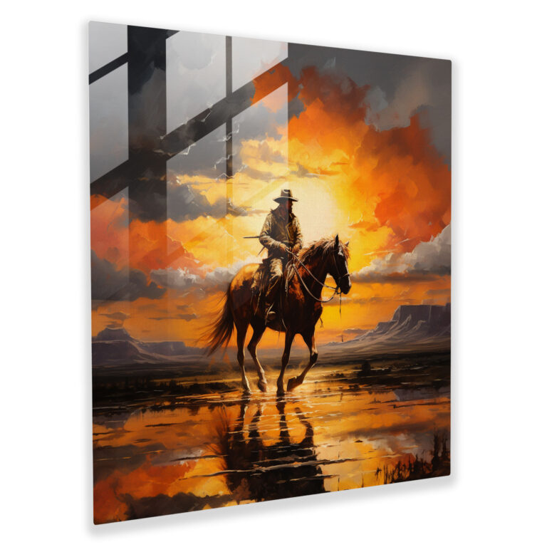 Glasbild Strahlende Harmonie - Der Sonnenuntergang Cowboy Wandkunst