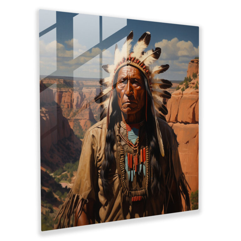 Majestätisches Canyon-Glasbild mit einem amerikanischen Ureinwohner-Häuptling als Wanddekoration