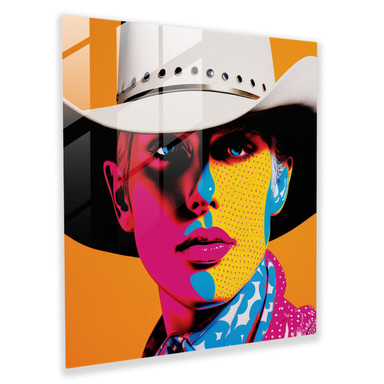 Auffälliges Glasbild Wanddekoration im Pop-Art-Stil mit Cowboyhut-Motiv