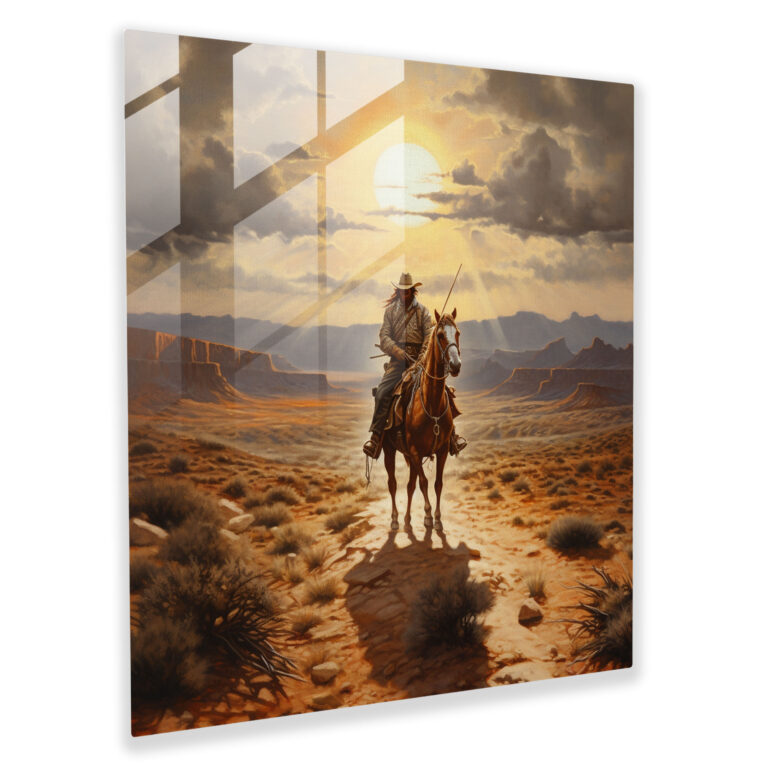 Exquisites Viktorianisches Glasbild: Cowboy reitet durch die Wüste – Glasbild zur Wohnungsdekoration