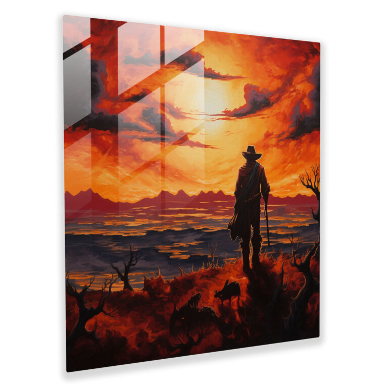 Moderne Glasbild-Druck: Cowboy-Silhouette bei Sonnenuntergang - Wanddekoration mit zeitgenössischem Kunstwerk