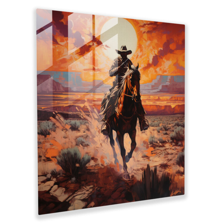 Faszinierendes Retro-Glasbild: Galoppierender Cowboy in lebendiger Wüste - Moderne Wandkunst zur Heimdekoration