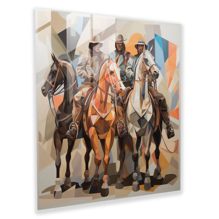 Kubistisches Glasbild: Cowboys und Pferde in geometrischen Fragmenten - Einzigartige Wandkunst-Deko