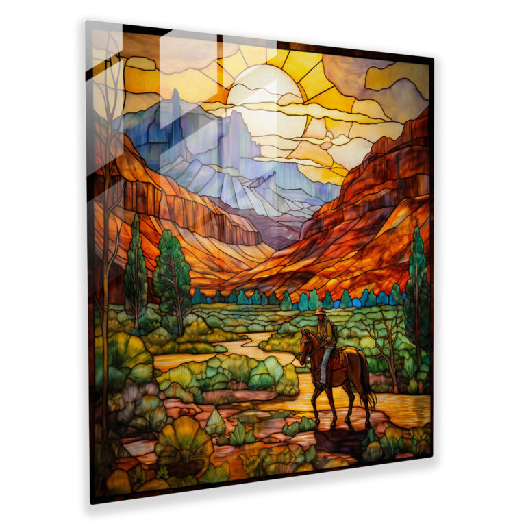 Faszinierendes Glasbild: Tiffany-inspirierte ruhige westliche Landschaft - Glaswandkunst zur Heimdekoration