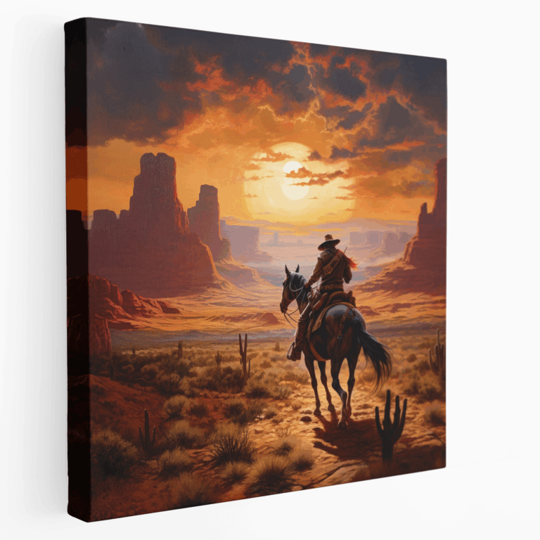 Leinwandbild Cowboy bei Sonnenuntergang