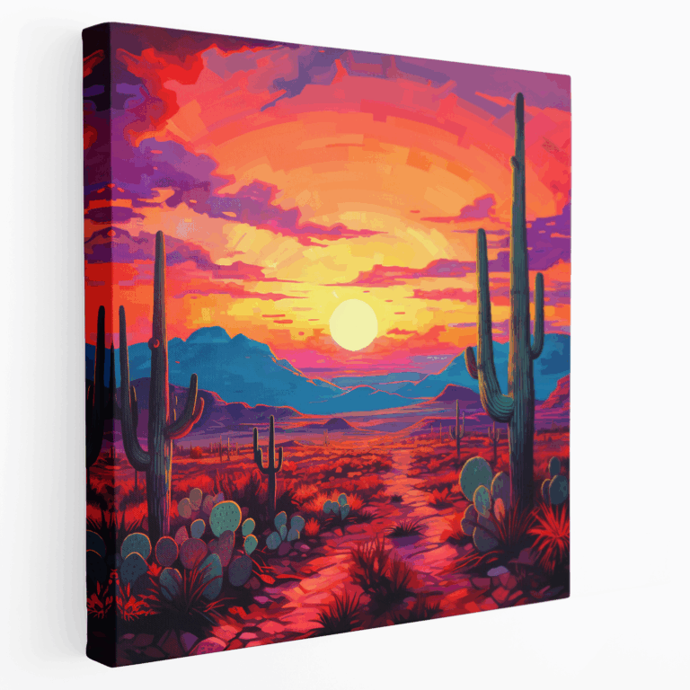 Leinwandbild mit Kaktussilhouetten im Sonnenuntergang