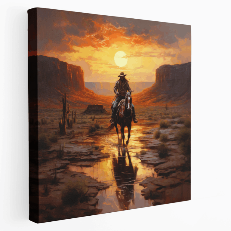 Leinwandbild Cowboy im Sonnenuntergang