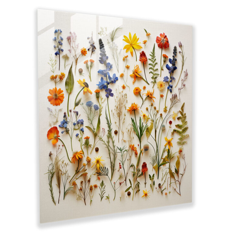Wildblumen Wandteppich Glasbild - Kollage aus gepressten Wildblumen