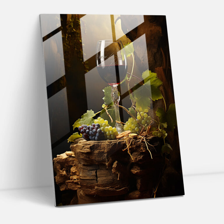 Weinglasdruck - Rustikale Weinblätter - Glasbild - Wein Wohnkultur Moderne Kunst