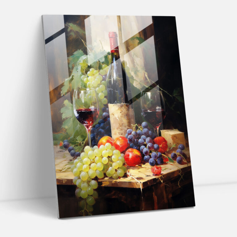 Weinglas-Druck - Impressionistisches Stillleben Glaswandkunst - Wein Trauben Weinflaschen Glasbild