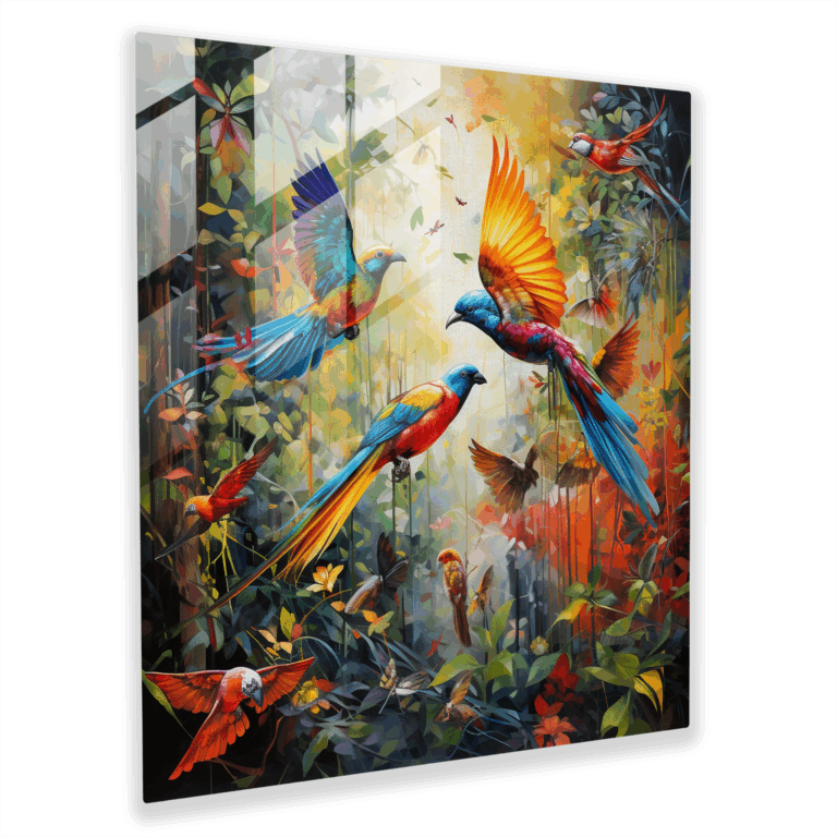 Glasbild Avian Symphony: Modernes Glaswandkunstwerk Tierwelt Glasbild Wohnkultur Moderne Kunst